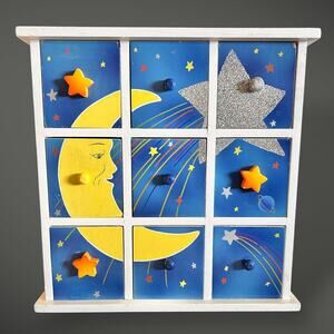 Vintage Wooden Moon and Stars Drawer Box Celestial Jewelry Organizer